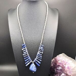 Sodalite Necklace 21" Clasp Marked 925 Sterling Silver Natural Gemstone Pendant